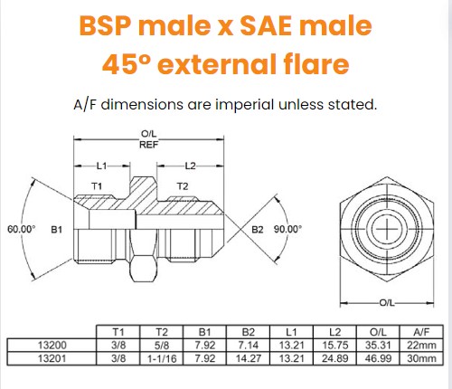 3/8 BSP x 5/8 SAE 45° Ext Flare M/M Hydraulic Adaptor